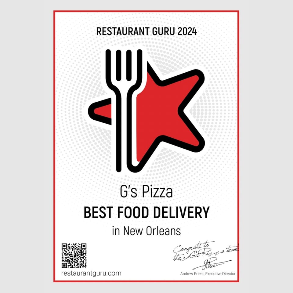 Restaurant Guru 2024 award for G's Pizza, Best Food Delivery in New Orleans.