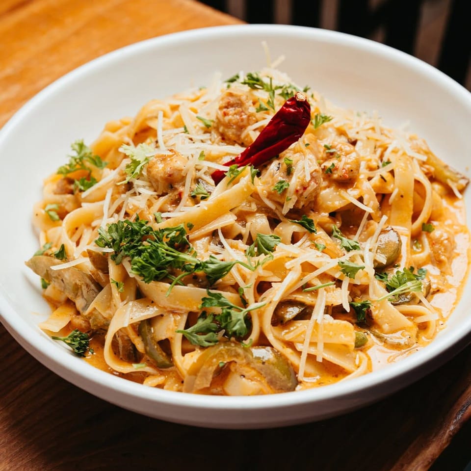 Creamy pasta with sausage, mushrooms, shredded cheese, parsley, and a dried red chili in a white bowl.