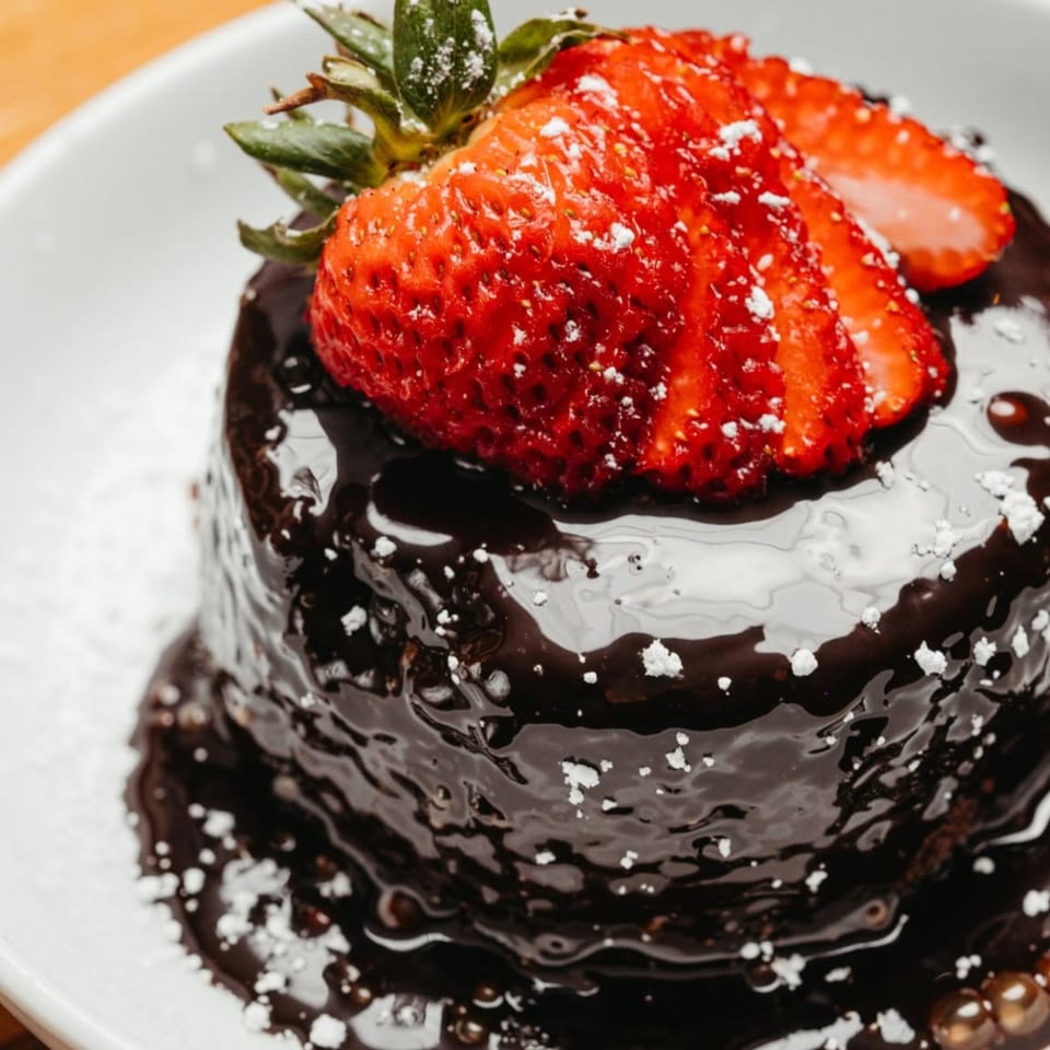Chocolate dessert topped with a large strawberry, powdered sugar, and chocolate sauce on a white plate.