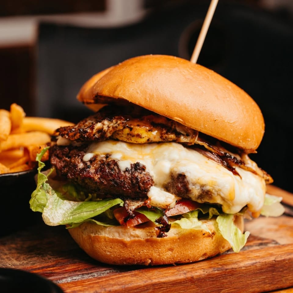 Juicy double cheeseburger with lettuce, tomato, and sauce on a toasted bun, served with fries on a wooden board.