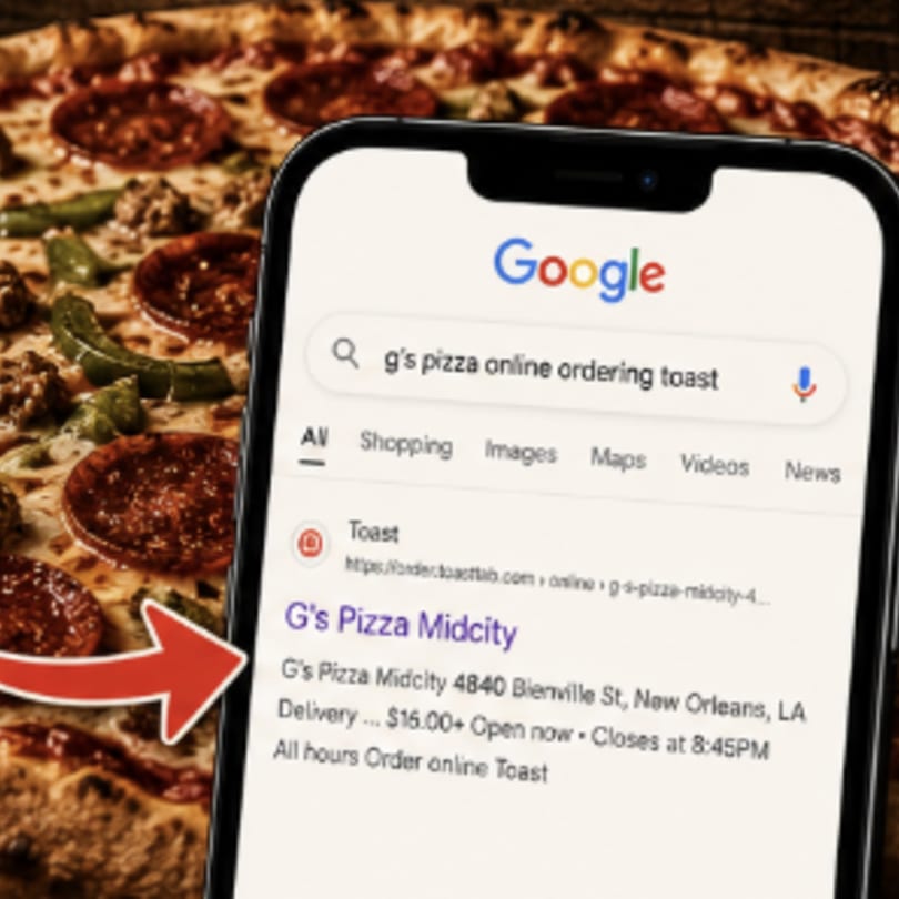 A phone displaying a Google search for "G's Pizza" online ordering, overlaid on a pepperoni pizza.