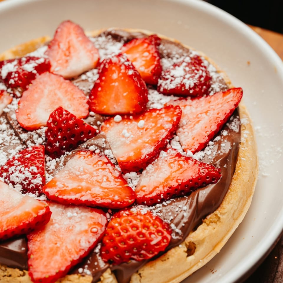 Close-up of a waffle topped with chocolate spread, sliced strawberries, and powdered sugar.