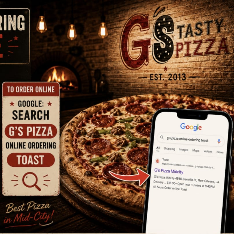 G's Tasty Pizza with pepperoni, sausage, and green peppers, next to a phone displaying online ordering.
