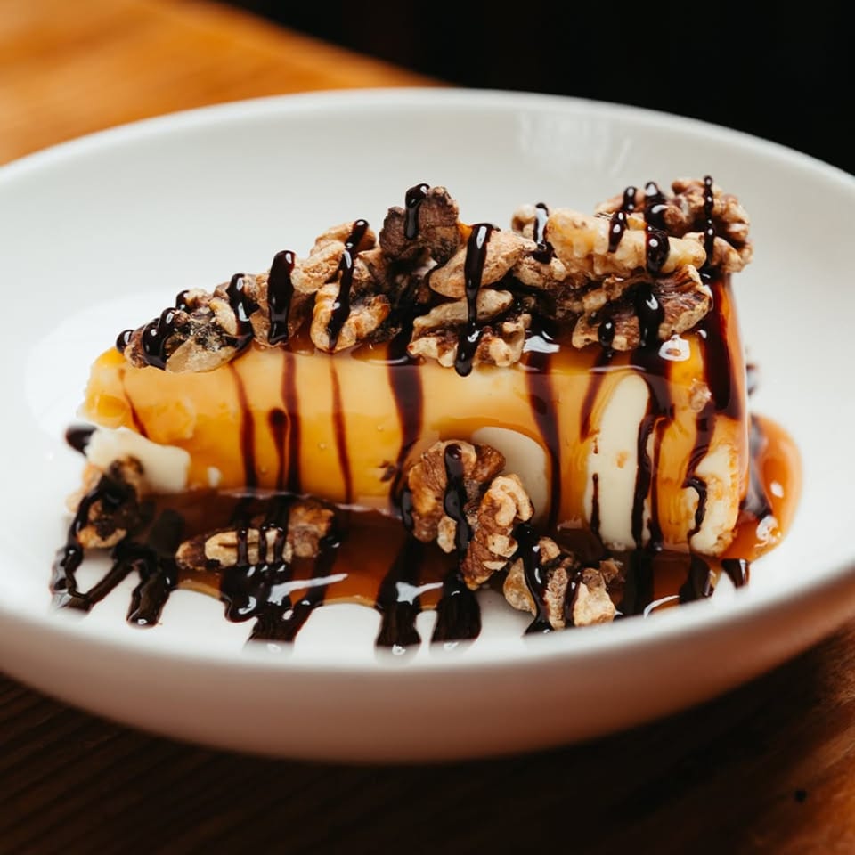Golden rolled dessert topped with chopped nuts and drizzled with chocolate and caramel sauces on a white plate.