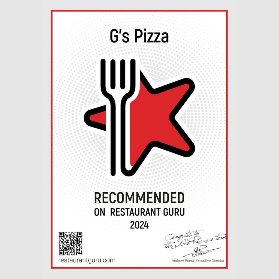 G's Pizza Restaurant Guru 2024 recommendation certificate with a fork and star logo.